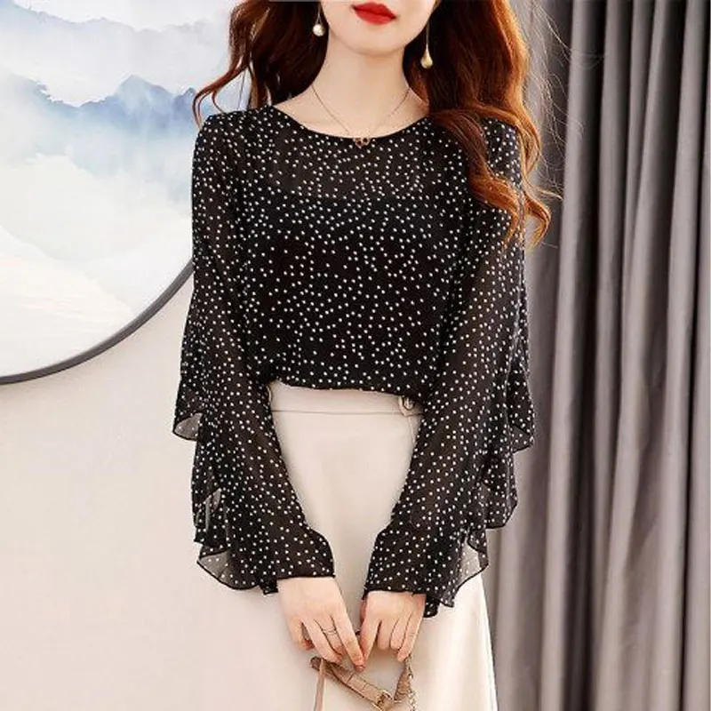 Korean Polka Dot Long Sleeve Shirt Commute Round Neck Spring New Casual Loose Women\'s Clothing Stylish Ruffles Patchwork Blouse