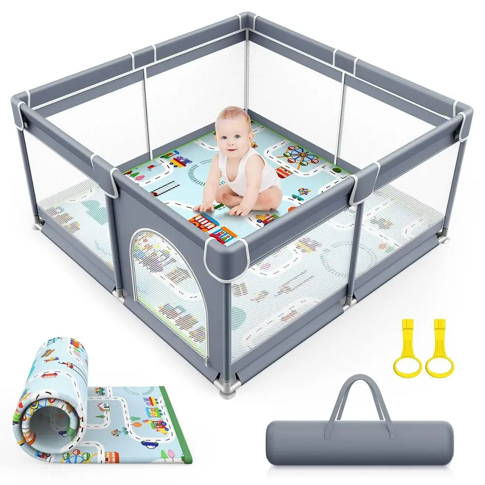 Parc gris 50x50 pour bébés et tout-petits avec tapis, cour de jeu de sécurité intérieure/extérieure, centre d'activités