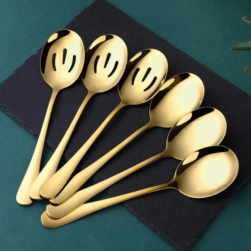 Hotel Public Spoon 6 Pieces, Stainless Steel Serving Utensils With Mirror Polished,3 Serving Spoon And 3 Slotted Spoons