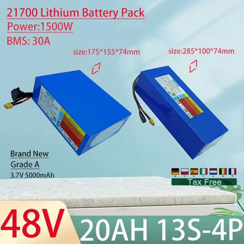 48V 20Ah 21700 13S4P Lithium Ion Battery Pack 1500W Power Tool Batteries Outdoor Backup Batteries With 30A BMS+54.6V 5A charger