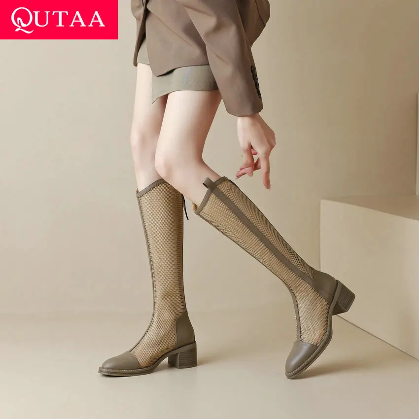 

QUTAA 2023 Summer Women Knee High Boots Fashion Genuine Leather Concise Zipper Casual Square Med Heels Shoes Woman Size 34-40