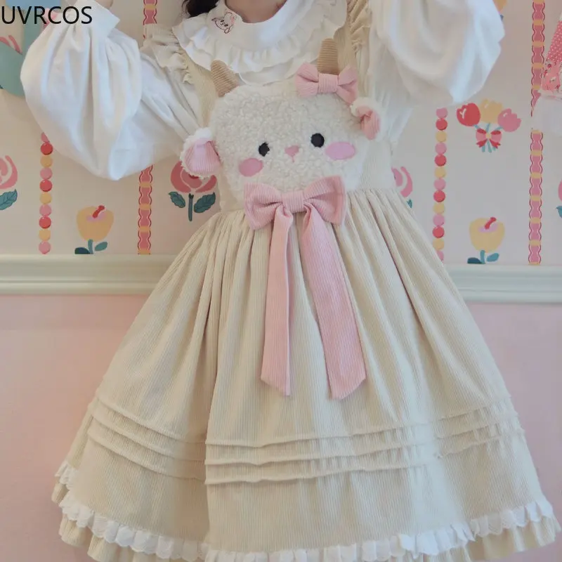 Vestido japonés de pana Lolita Jsk para mujer, vestidos de fiesta con lazo de oveja bordado de oso Panda, Kawii, Otoño e Invierno