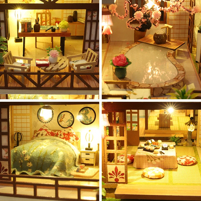 DIY Holz japanische große Casa Puppenhäuser Miniaturmodellbausatz Puppenhaus Villa mit Möbelbeleuchtung für Freunde Geburtstagsgeschenke