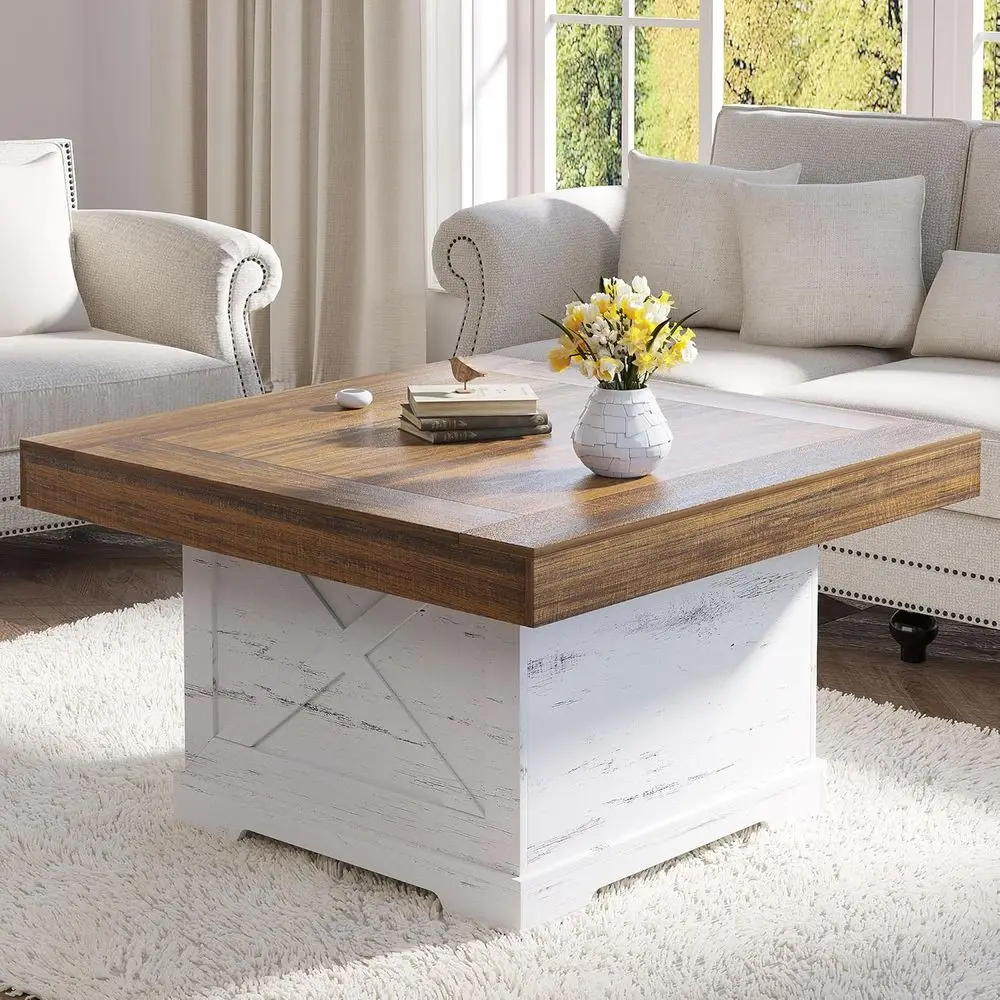 

31.5 X-Design Wooden Pedestal Coffee Table, Small Square Accent for Living Room or Dining Area, Antique White