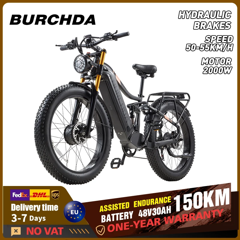 BURCHDA HC26 2000W Elektrofahrrad, 48V30AH Lithium-Akku E-Bike, 26*4.0 Doppelmotoren Erwachsenen-Fatbike Elektro-Mountainbike für Stadtfahrten