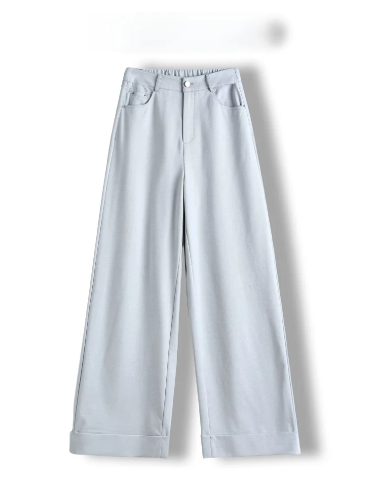 

Washed Cotton High Waist Wide Leg Pants Women's Casual Trousers Slimming Straight Cut Elastic Waist Summer Fashion