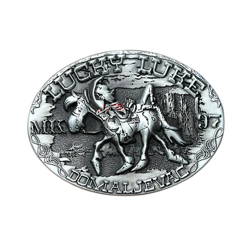 

Zinc alloy Lucky Luke belt buckle for western-style riding on a donkey