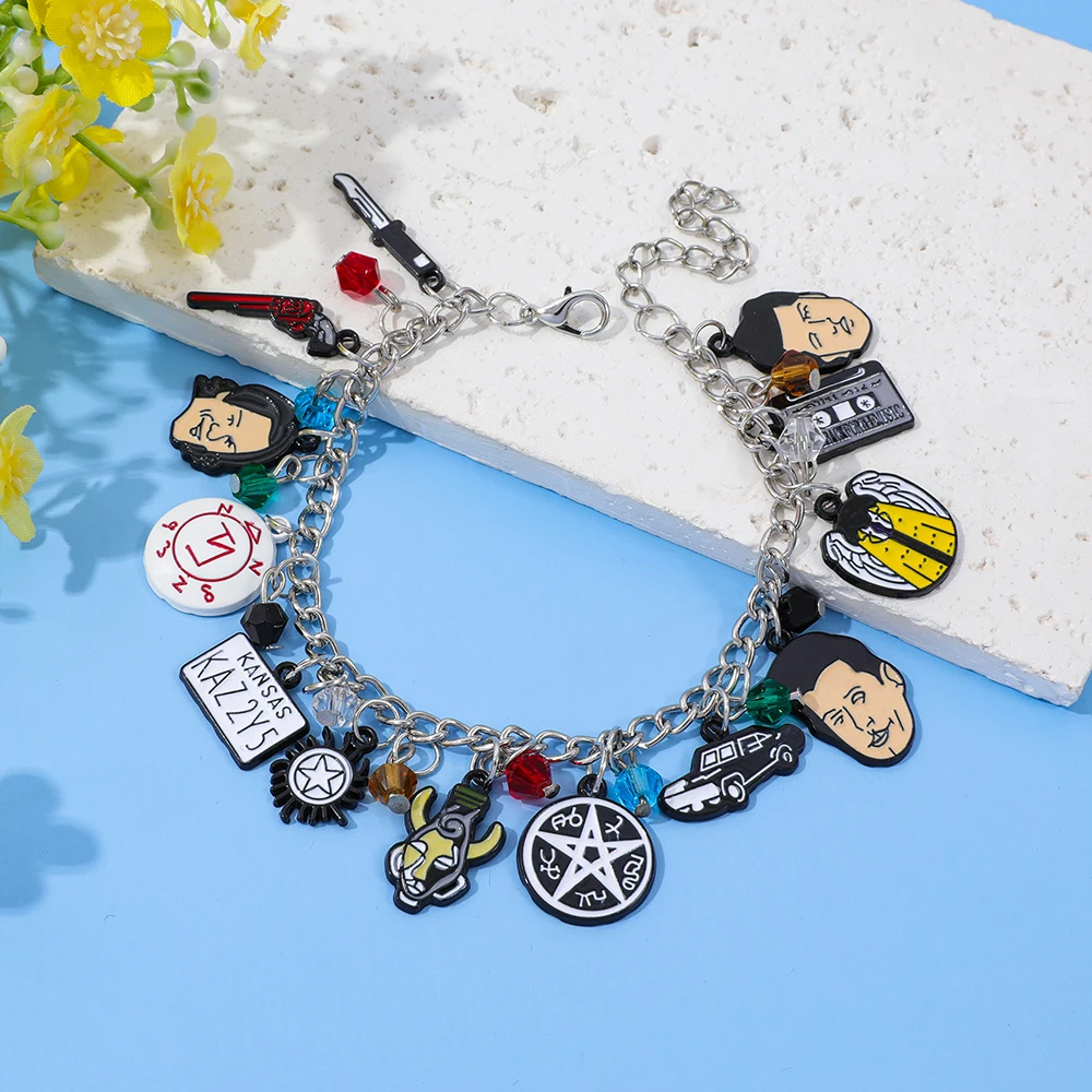 Supernatural TV Show Themed Charm Bracelet with Winchester Brothers Castiel Anti-Possession Symbol Impala And Colt Gun Charms - view 3