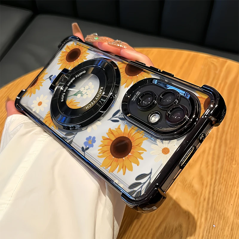 Bracket Stand Phone Case For OPPO A6X 5G A9X A6 A5 Pro A3 A2 A1 A11X A5X A3X Luxury Plating Shockproof Sunflower Print Cover