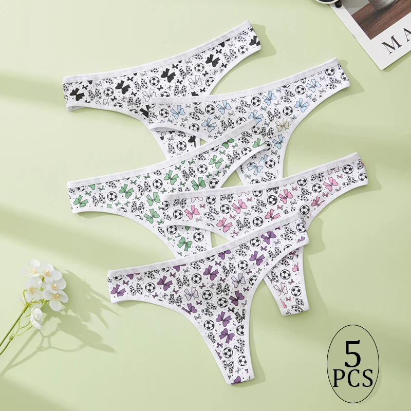 5PCS Women's Thong Versatile Soccer Print Women's Underwear Stretchy and Comfortable Low-Rise