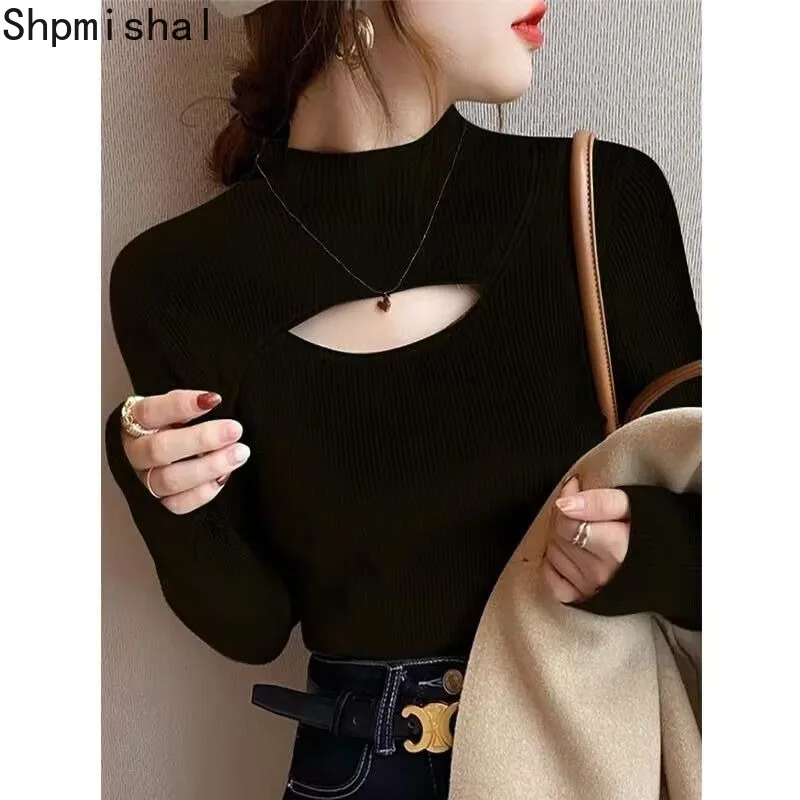 

Black Half High Collar Pullover for Women's 2023 Autumn New Design Feeling Hollow Out Slim Fit Knitted Sweater Female Clothing