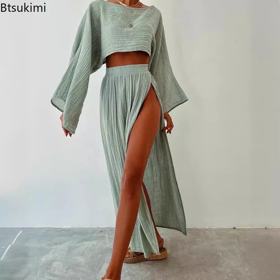 

2025 Casual Cotton Linen Two Piece Sets for Women Sexy Crop Tops High Waist Slit Skirt Suit Summer Vacation Style Women Outfits