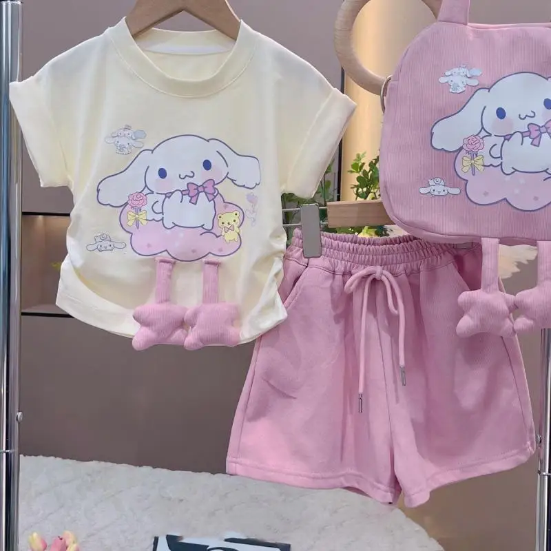 2Pcs Kids Short Sleeve Shorts Suit Kawaii Cinnamoroll Kuromi Girls Cotton T-Shirt 3D Decorative Summer Casual Sportswear Gift