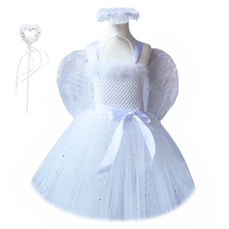 

Sparkling White Angel Costumes for Girls Christmas Halloween Dress for Kids Flower Fairy Tutu Outfit with Wings Set Girl Clothes