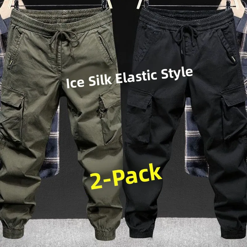 

Эластичные мужские рабочие брюки из ледяного шелка, летние, большие размеры, износостойкие, с манжетами, свободные повседневные длинные брюки, винтажные брюки с защитой от разрывов