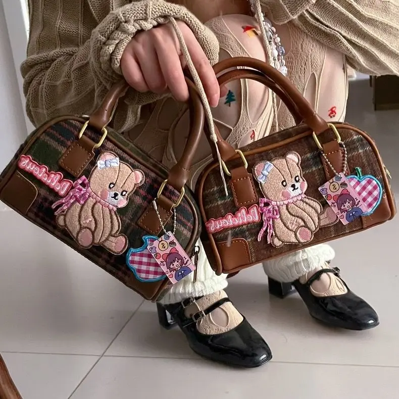 American Retro Cute Teddy Bear Autumn Winter Woolen Plaid Shoulder Bag Mini Woman Bag Wallet Crossbody Bags for Women