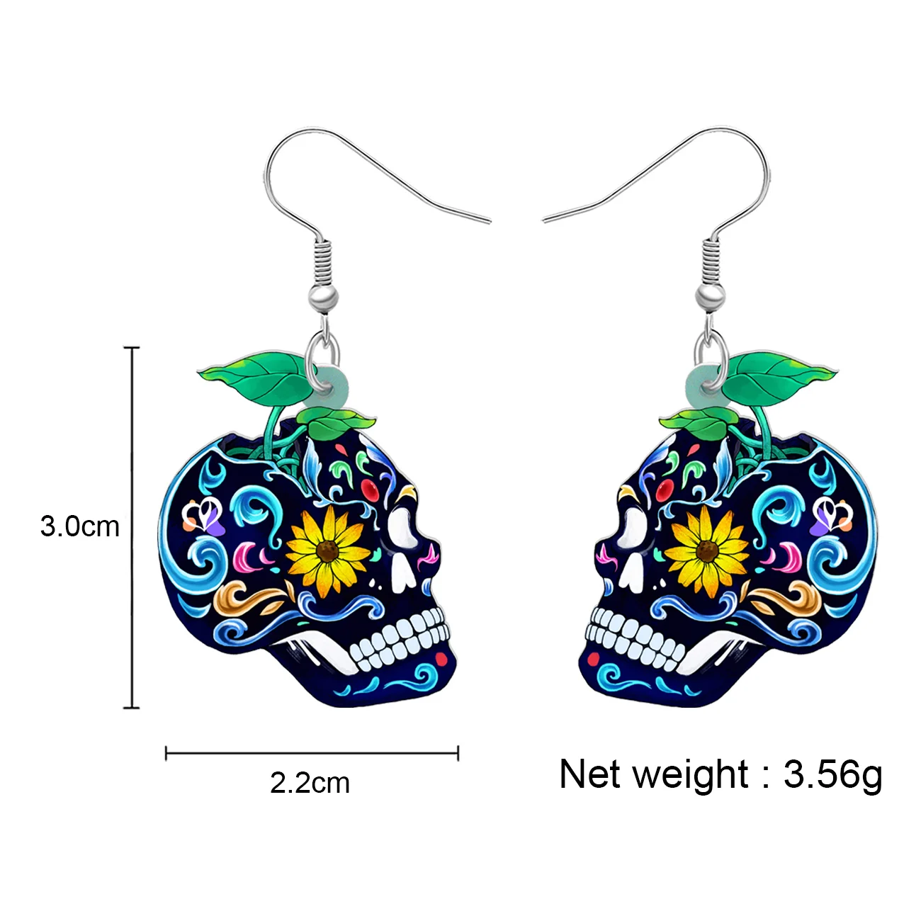 BONSNY Halloween Acrylic Novelty Plant Blue Sugar Skull Earrings Dangle Drop Punk Jewelry for Women Girls Kids Gifts Decorations