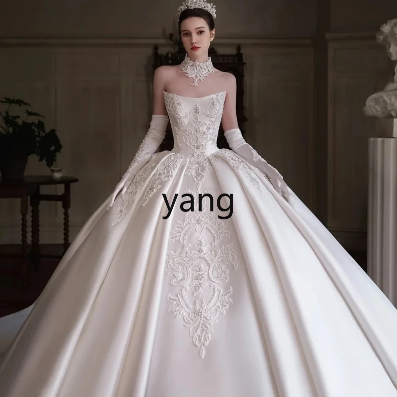 

LMM tube top satin main wedding dress bride French pregnant woman high sense long trailing out dress