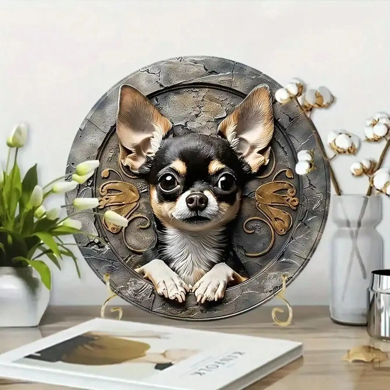 Cute Chihuahua Dog Portrait with Big Eyes and Floppy Ears on Vintage Ornate Background High-Definition Metal Tin Sign – 2D Flat