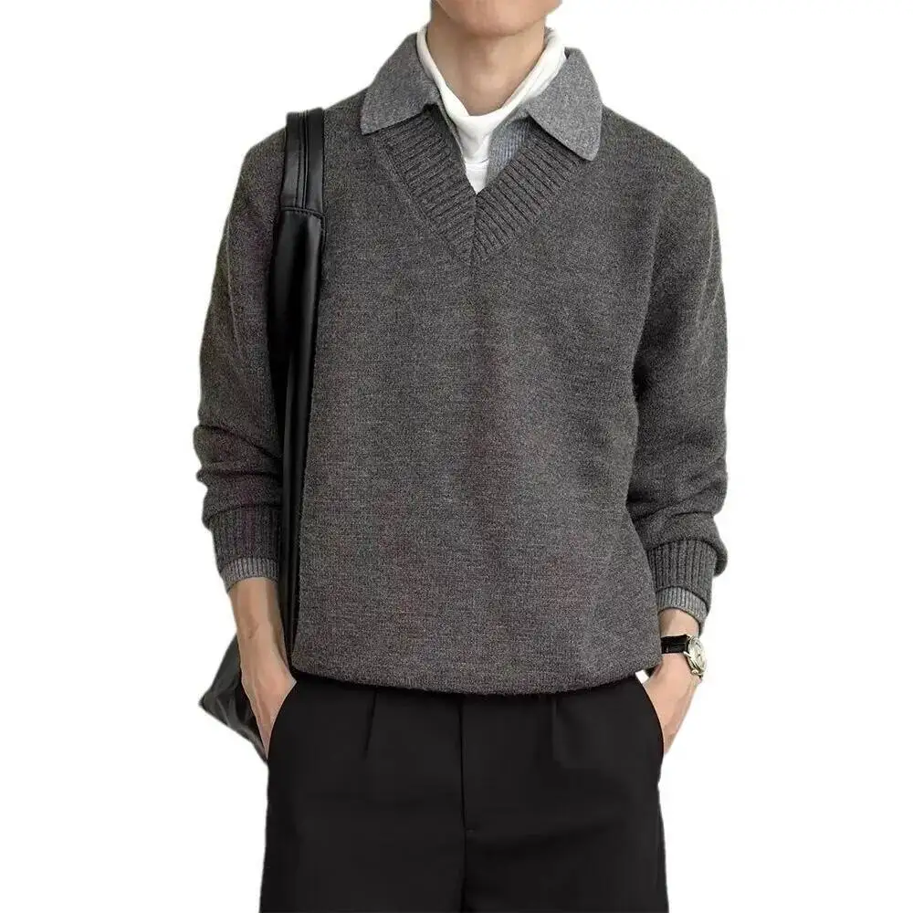 2026 Spring Men's Women Winter Vintage Fake Two Piece V Neck Sweater Lapel Style Knitting Top Outerwear