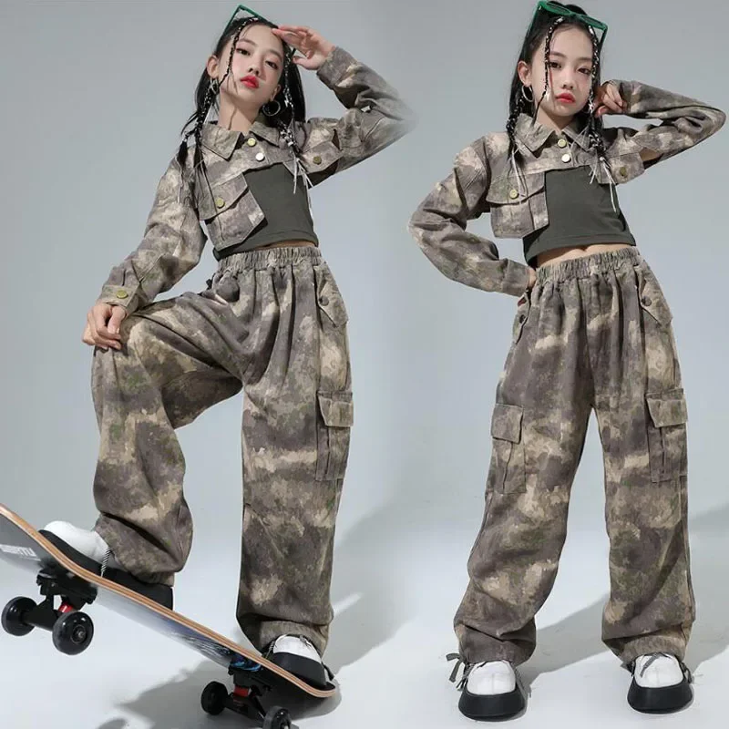 Kids Kpop Hiphop Kleding Camo Crop Shirt Girl Jazz Dance Kostuum Kleding Tank Top Cargo Casual Street Wide Cargo Broek