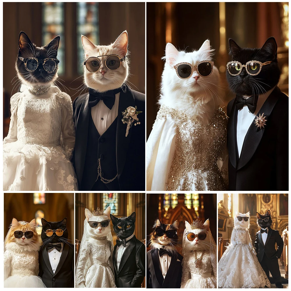 Wedding Cat Couple Wall Art Canvas Painting  Elegant Bride Groom Pet Canvas Posters Cute Animal Decor for Home Decor Unframed