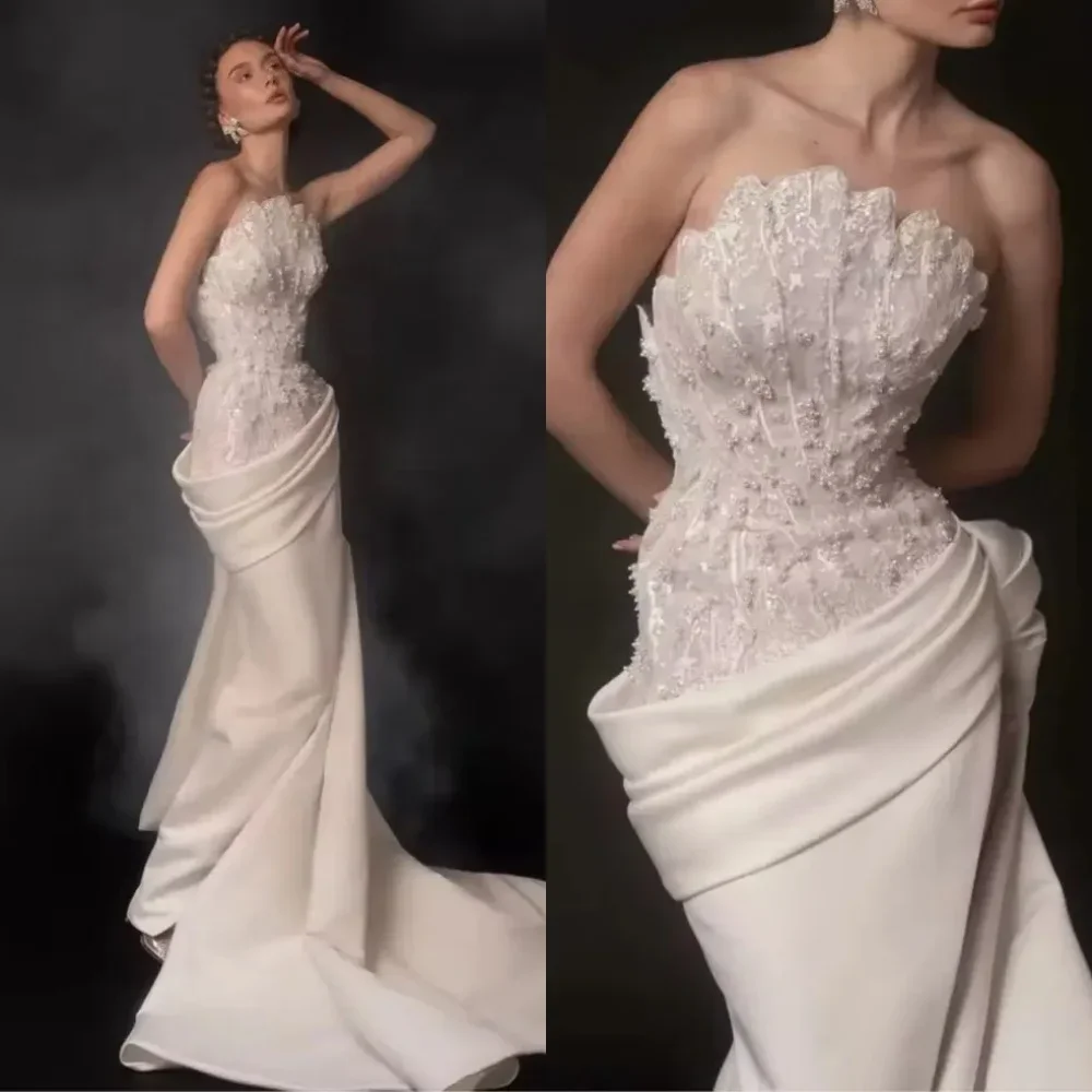Abiti da sposa a sirena in pizzo e raso senza spalline personalizzati con strascico drappeggiato con perle Abito da sposa a coda di pesce a vita abiti da sposa