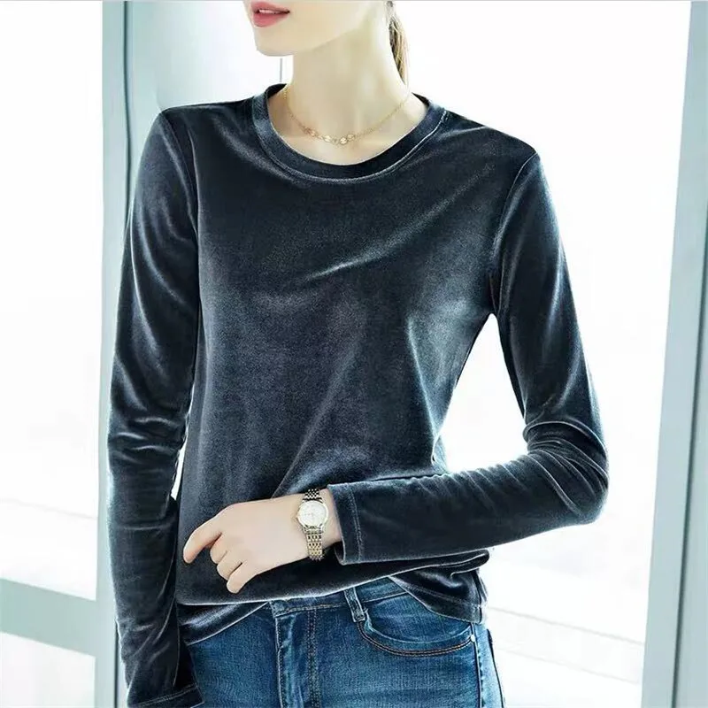 Women Loose Velvet Shirts Vintage Solid Long Sleeves O-Neck Tops All Match Streetwear Female Basic T-Shirts Velour Tee Tops