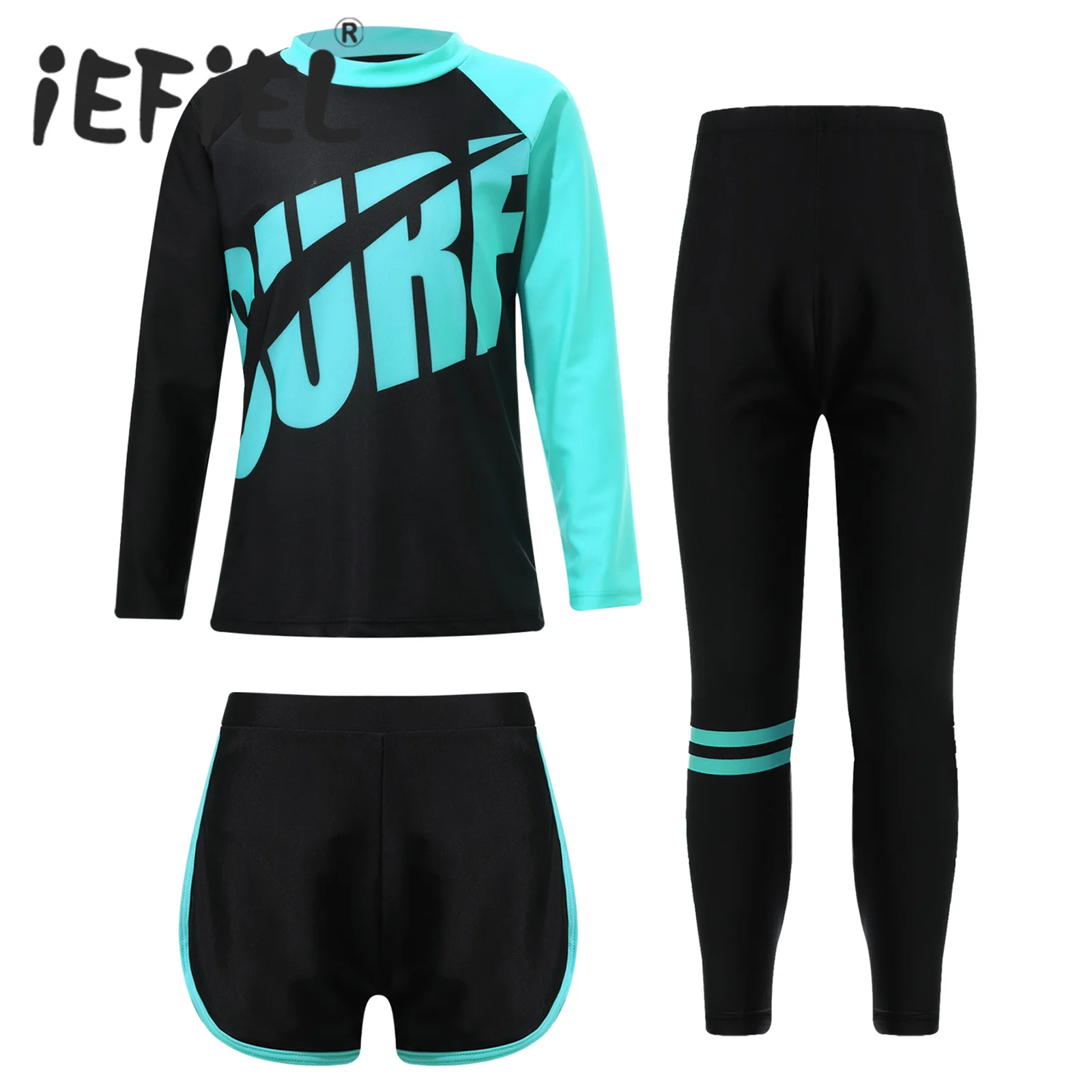 

Kid Girls Swimsuit Swimwear Sets Long Sleeve Crop Tops Shorts and Pants Bathing Suit Sun Protection Rash Guard Beachwear Surfing