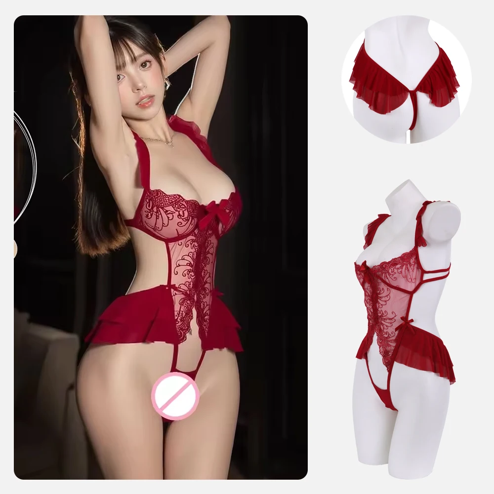 Sexy Ouvert Dessous Frauen Spitze Hohl Bodysuit Exotische Pyjamas Teddy Babydoll Kleid Tiefe V Offenen Schritt Porno Unterwäsche Set