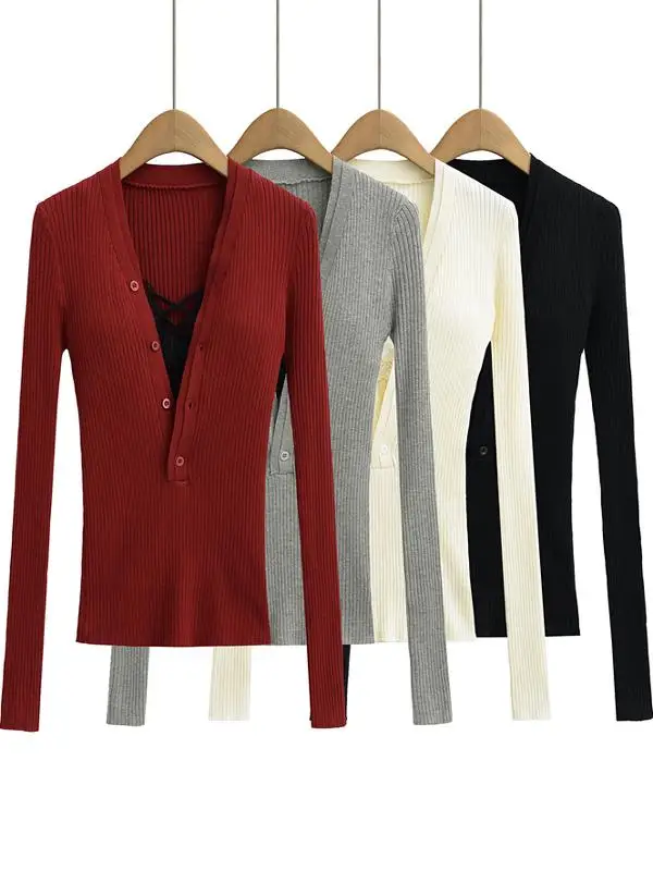 セクシーなレッド V ネックニットセーター女性の秋冬スリムフィットロング Sve ストリート Sle インナーウェア 2 つの着用方法セット