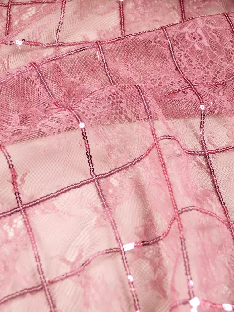 Sequined Lace Fabric for By The Yard Pink Soft Dress Apparel Sewing Fabric Wholesale Cloth for Per Meter Diy Material