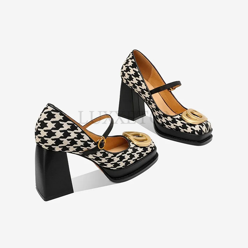 Women Mary Jane Shoes Square Toe Thick Heels High Heels Thousand Bird Plaid Gentle Style Shallow Mouth Fashionable Single Shoes