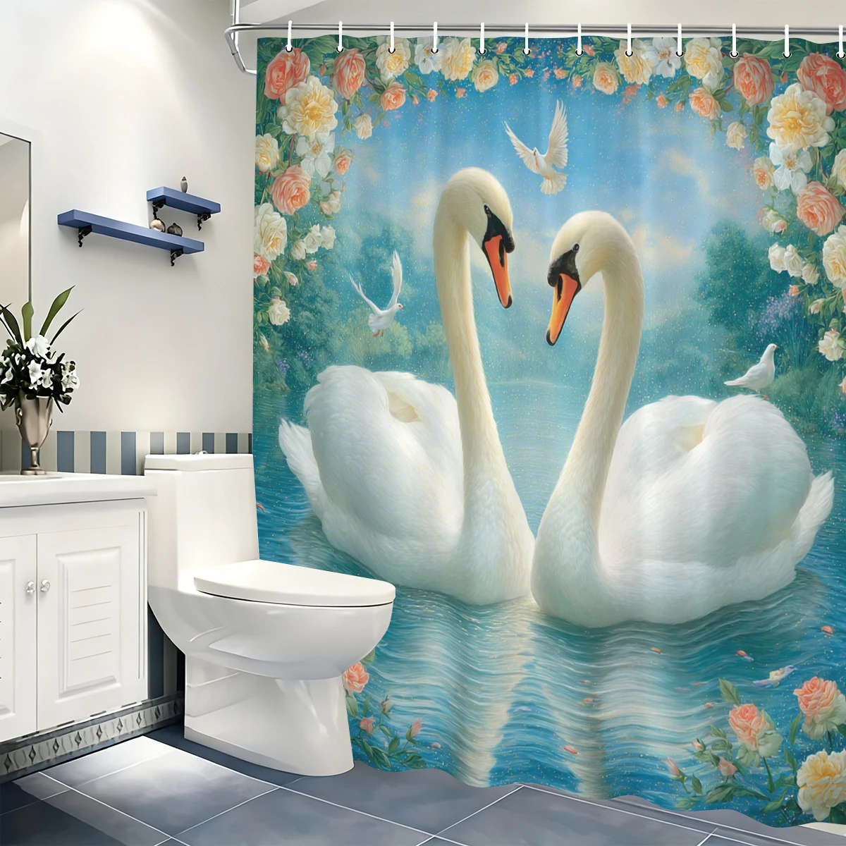 Vibrant Swans in The Valley Water Pattern Polyester Shower Curtain - Nautical Style Bathroom Decor Fabric Bathtub Curtain