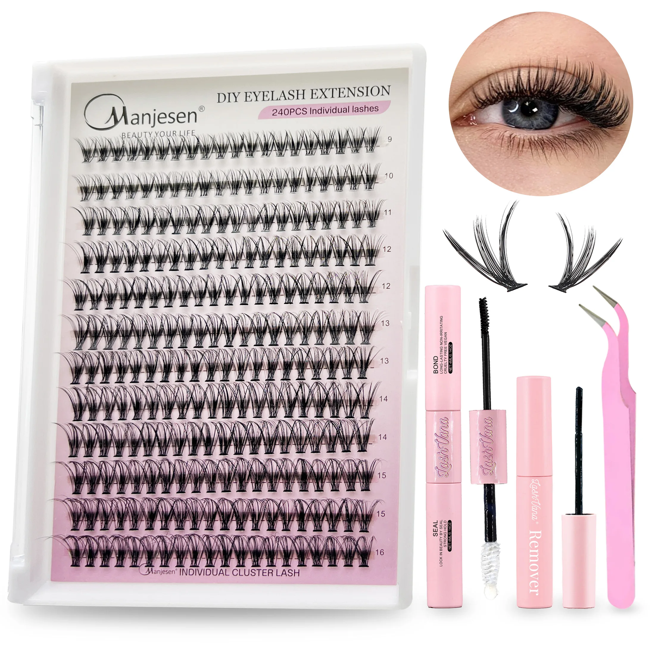 

DIY Cluster Extension Lashes Kit 240 Bunches Individual Lashes Set Wispy Fluffy False Eyelashes with Glue and Tweezer