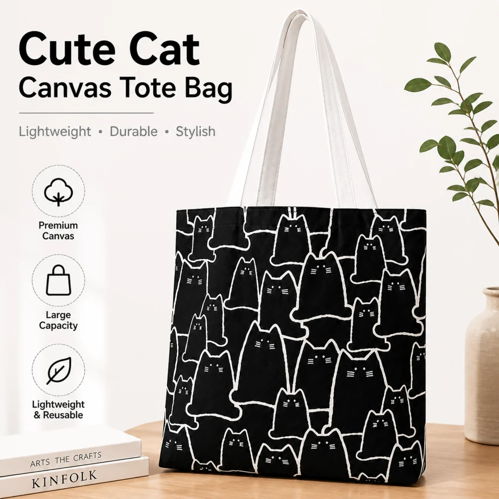 Cute Cartoon Cat Print Canvas Tote Bag Women Girls Casual Shoulder Handbag Fashion Daily Shopping Work School Shoulder Bag