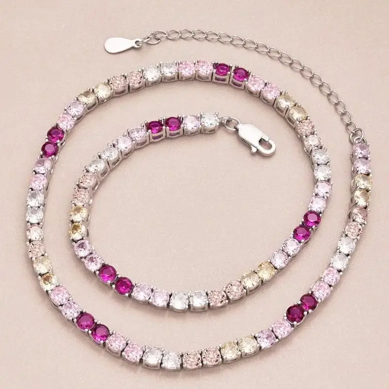 

S925 Silver Colored Tennis Necklace Women Rainbow Diamond Chains Necklaces Female 5A Zircon Premium Design Luxury Jewelry Girl