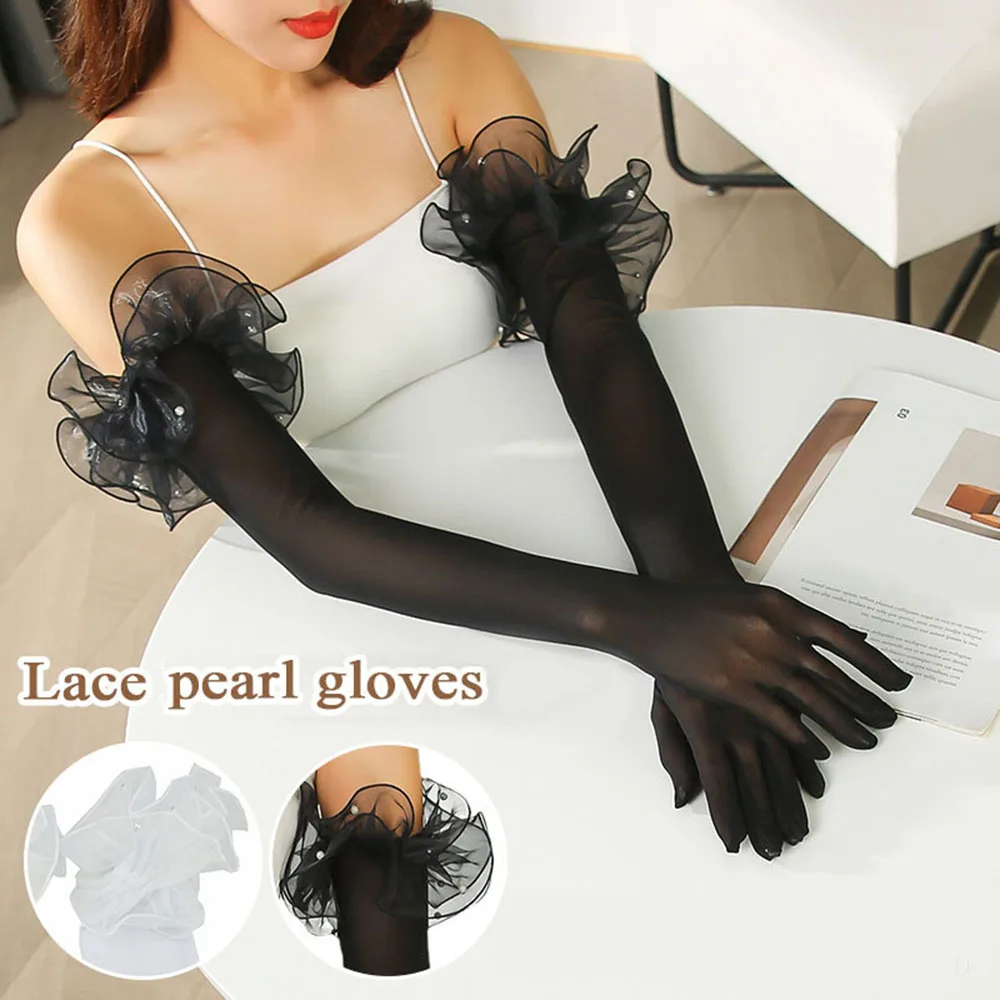 

Wedding Dress Gloves Lace Net Yarn Mittens Summer Elastic Thin Gloves Sunscreen Long Mittens Transparent Sexy Arm Sleeves