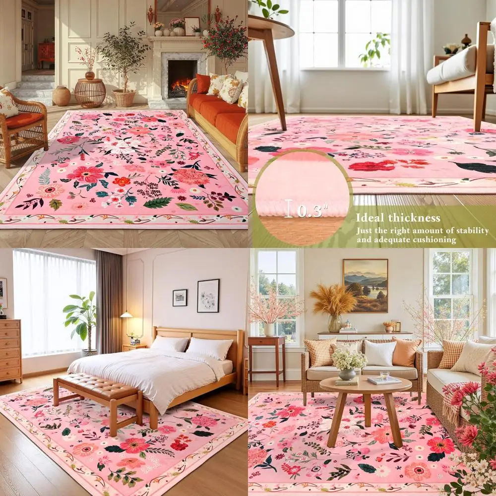 

"Pink Floral Living Room Area Rug, Machine Washable with Non-Slip Backing, Cute Flower Carpet for Girls' Bedroom"