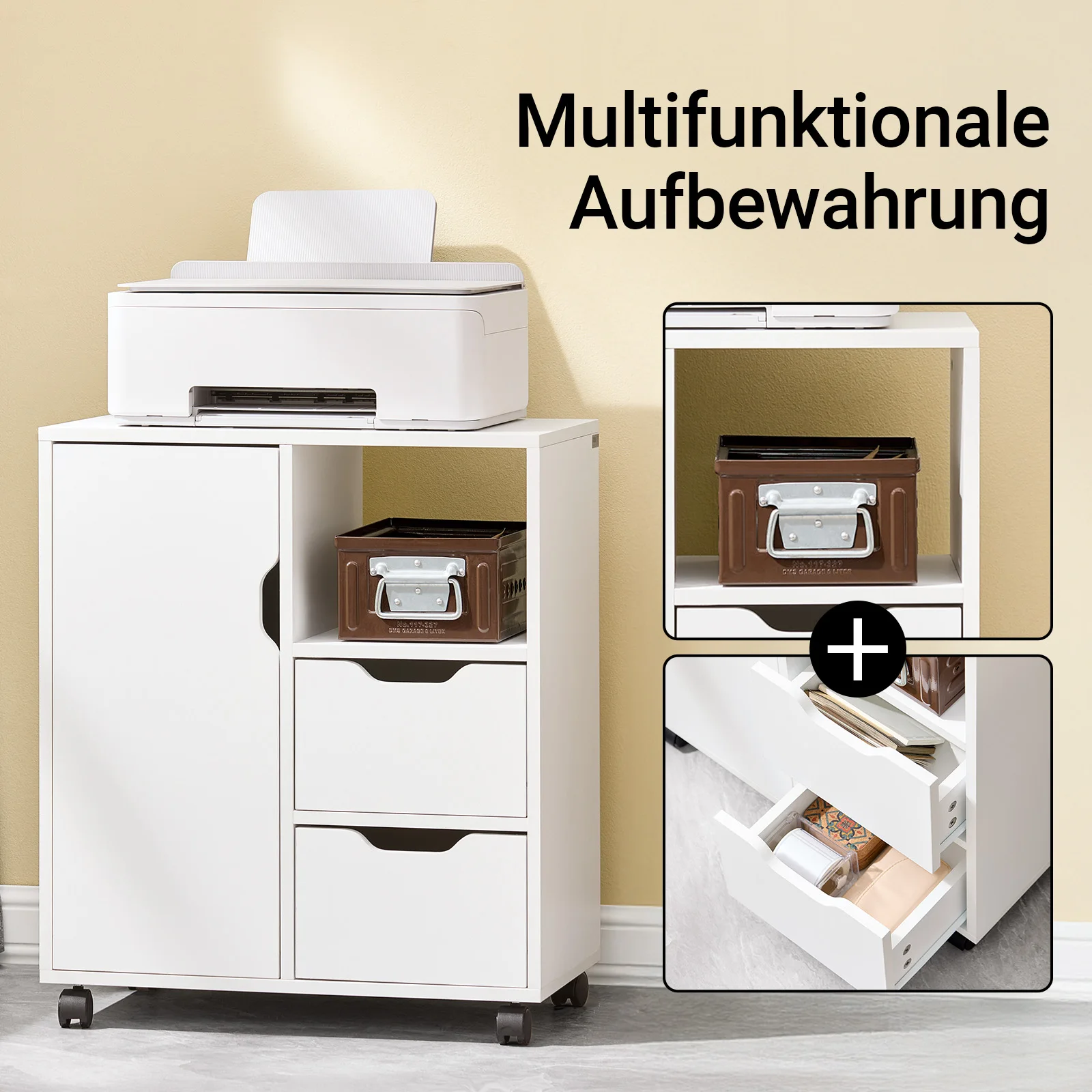 SoBuy FBT105-W Druckertisch mit 2 Schubladen und 1 Tür Aktenschrank Rollcontainer Bürowagen Beistellwagen Bürocontainer weiß – Detail 9