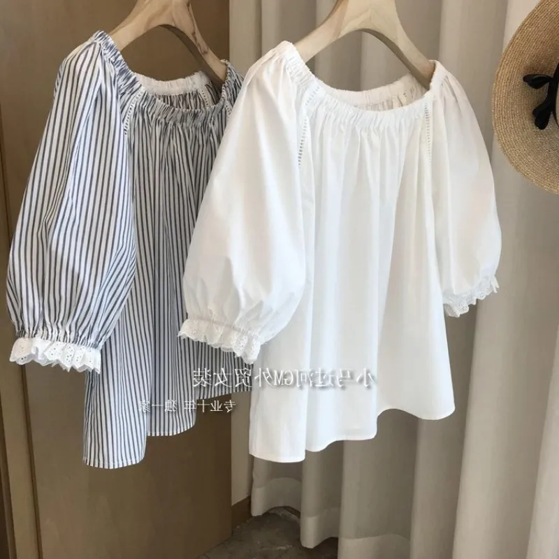 One Line Neck Embroidered Shirt For Women'S Summer 2023 New Design Sense Two Wear Elastic Off Shoulder Bubble Sleeves Show A Sli