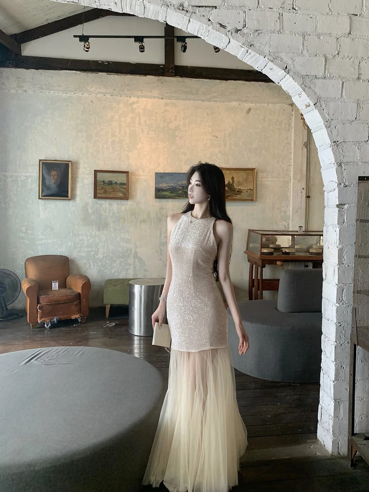 

Champagne Colored Heavy Work Tailored Dr Women's Slim Fit Mermaid Gown oulder Bared Waist Cinched Spring Season Dr