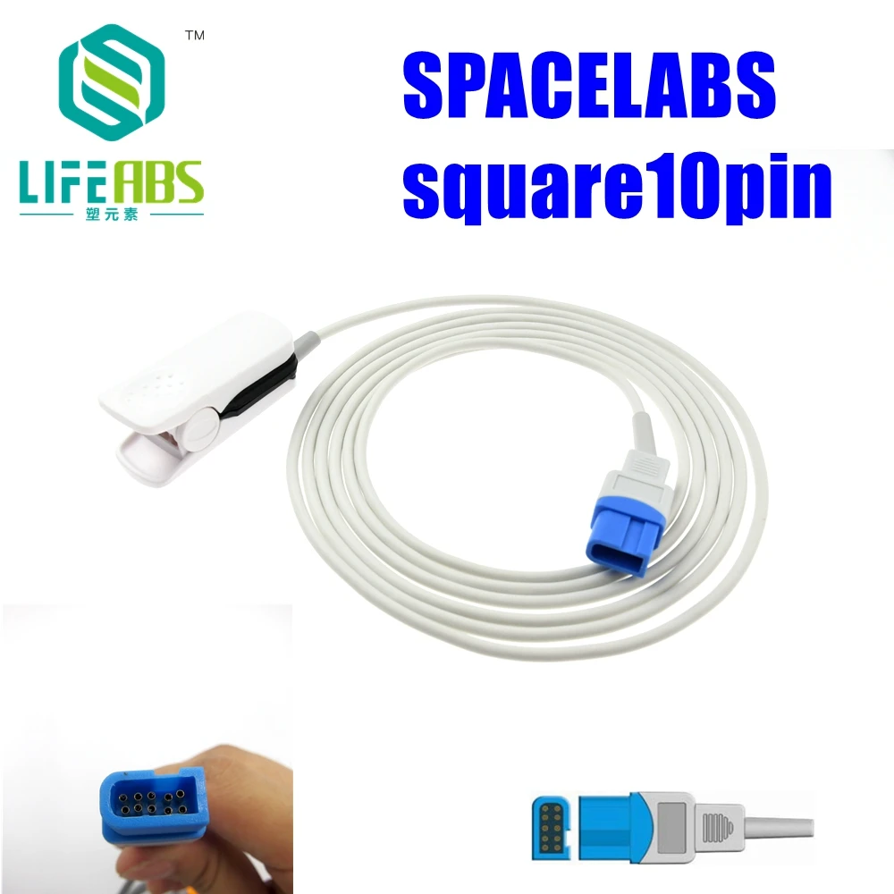 Para Spacelabs, Monitor de paciente cuadrado de 10 pines Clip de dedo para niños Clip de oreja Cable largo de silicona Sensor de oxígeno Spo2 reutilizable