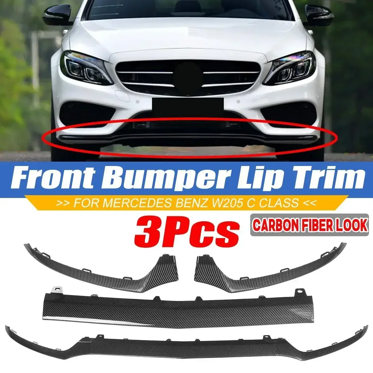 Carbon Fiber Look Car Front Bumper Splitter Lip Diffuser Spoiler For Mercedes For Benz W205 C Class 2015-2018 For AMG Body Kit