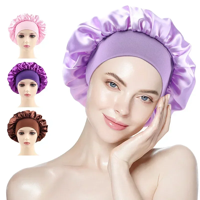 Women's Sleeping Hat Satin Solid Wide-brimmed Unisex Hair Care Shower Bonnet Head Wrap Elastic Band Night Cap Hair Accessories