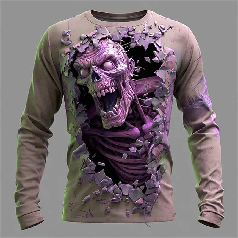جديد الرجال ثلاثية الأبعاد الرعب الجمجمة تي شيرت الرجعية طويلة الأكمام الجولة الرقبة الرجال المألوف هالوين مجردة الشارع لباس غير رسمي #4