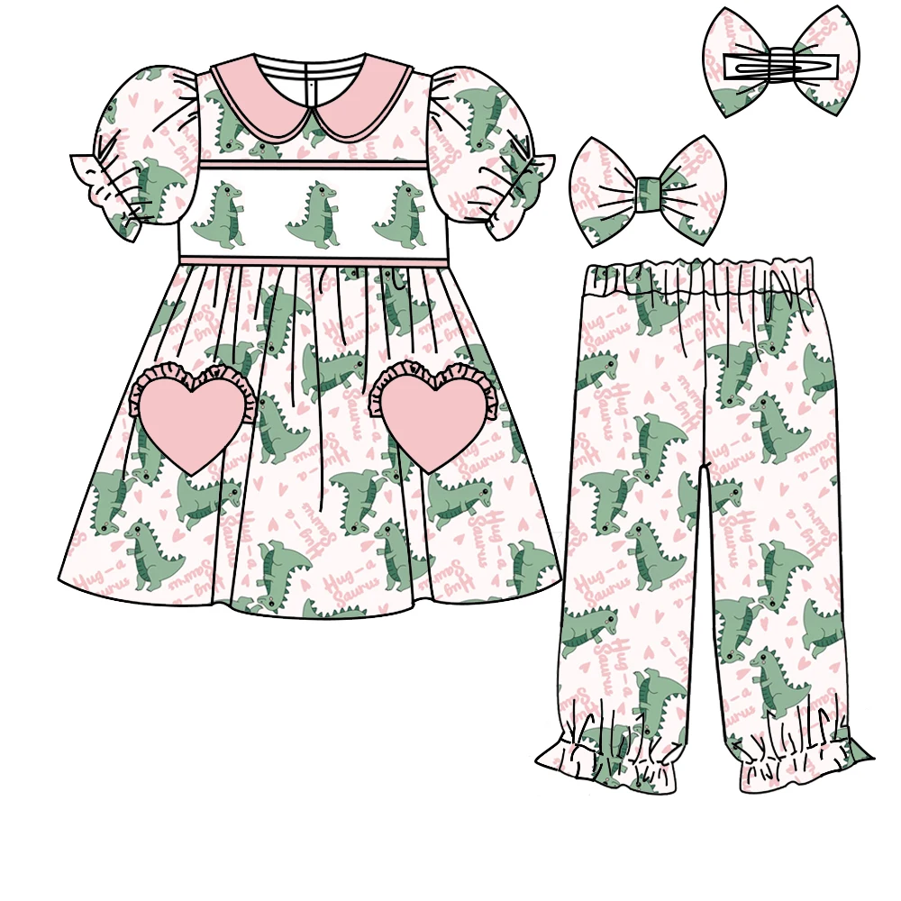 Valentine's Day Love Pocket Boutique Children's Set Short Sleeve Girls Boys Pants Suit Love Dinosaur Print Clothing