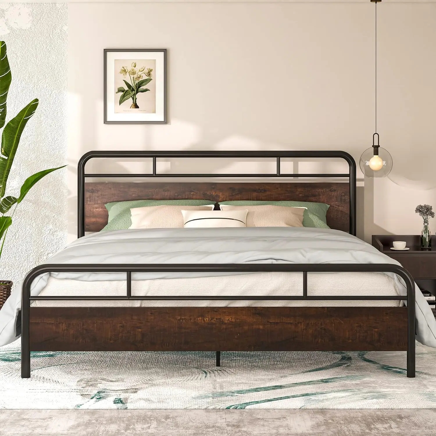 

Bed Frame with Industrial Wood Headboard / 12" Under Bed Storage/Mattress Foundation/No Box Spring Needed/Easy Assembly