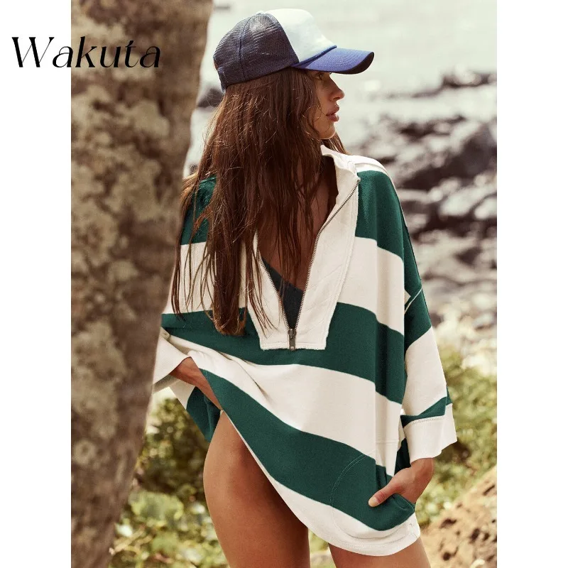 

WAKUTA Temperament V-neck Flare Sleeve Striped Half-zipper Sweater Spring/autumn Color Collision Jersey Loose Chic Sportswear