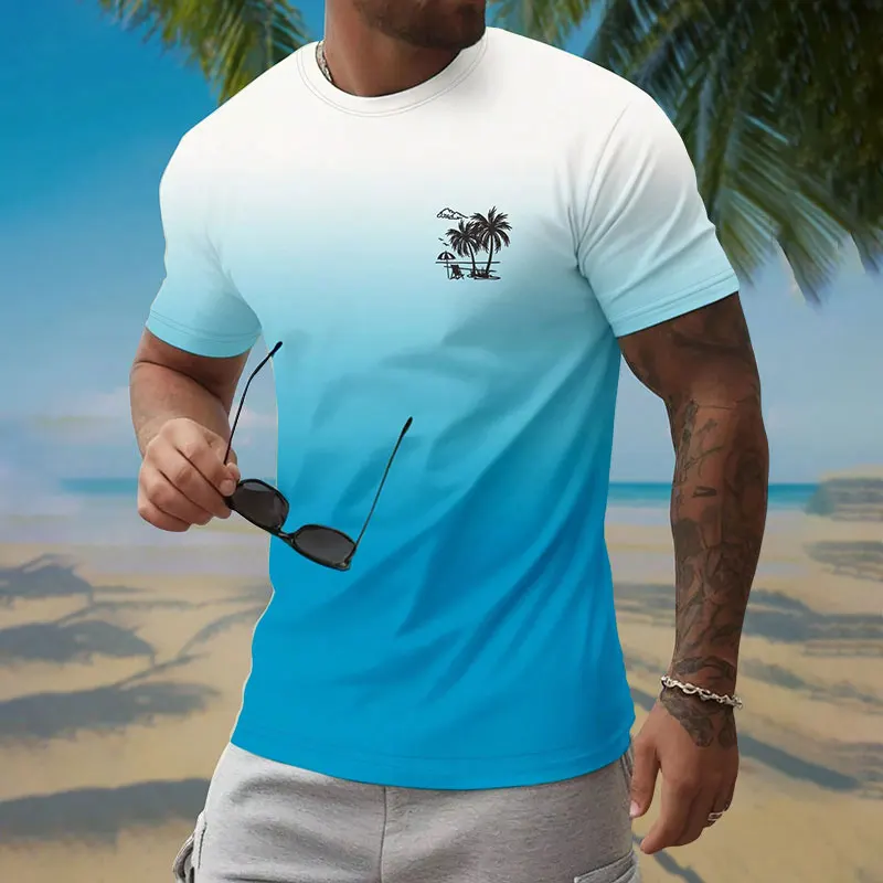 Summer Outing Coconut Tree Printed Gradient Round Neck Men's T Shirt Trendy Casual Short Sleeve Top Beach Vacation Men's T Shirt